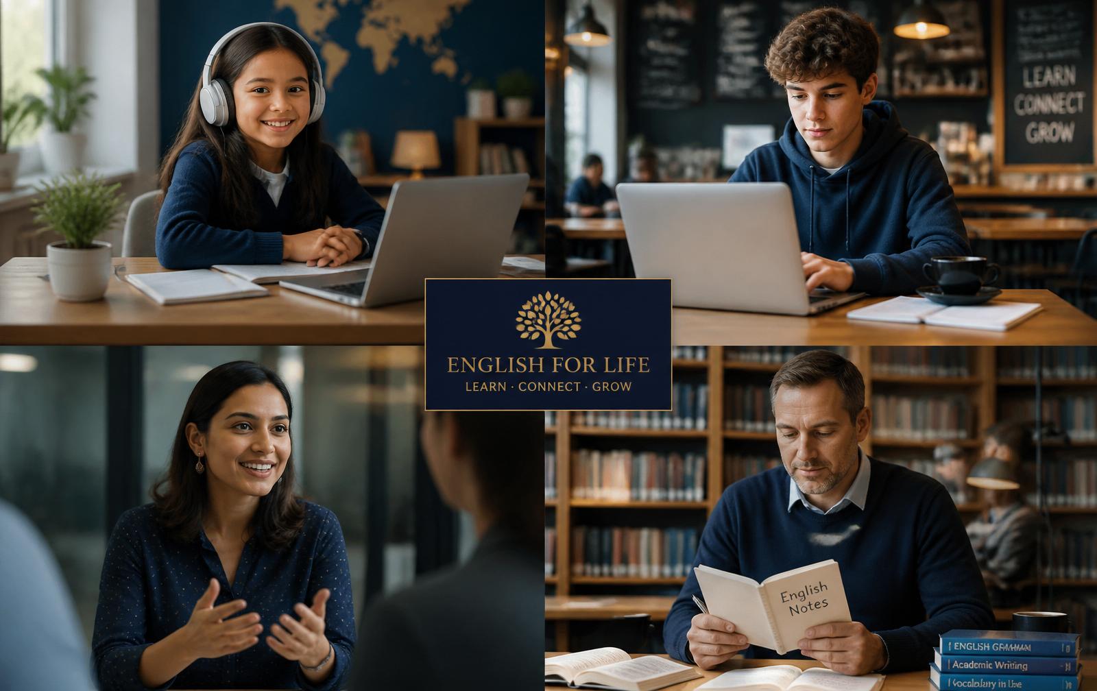 Learners of all ages using Learnidia — a young girl with headphones, a teenage student on a laptop, a young professional woman, and an adult reading English notes.